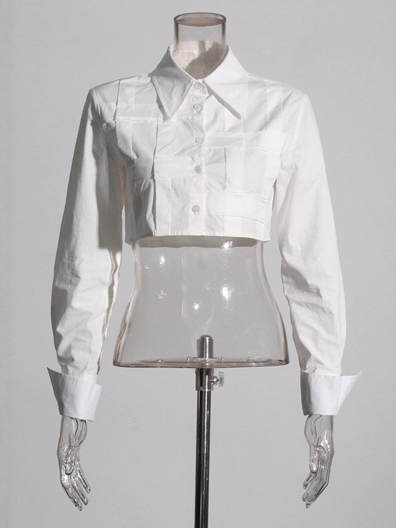 Lapel Long Sleeve Single Breasted Cropped Shirt