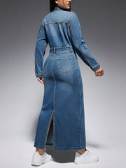 Fashion Lapel Button High Waist Slim Denim Dress