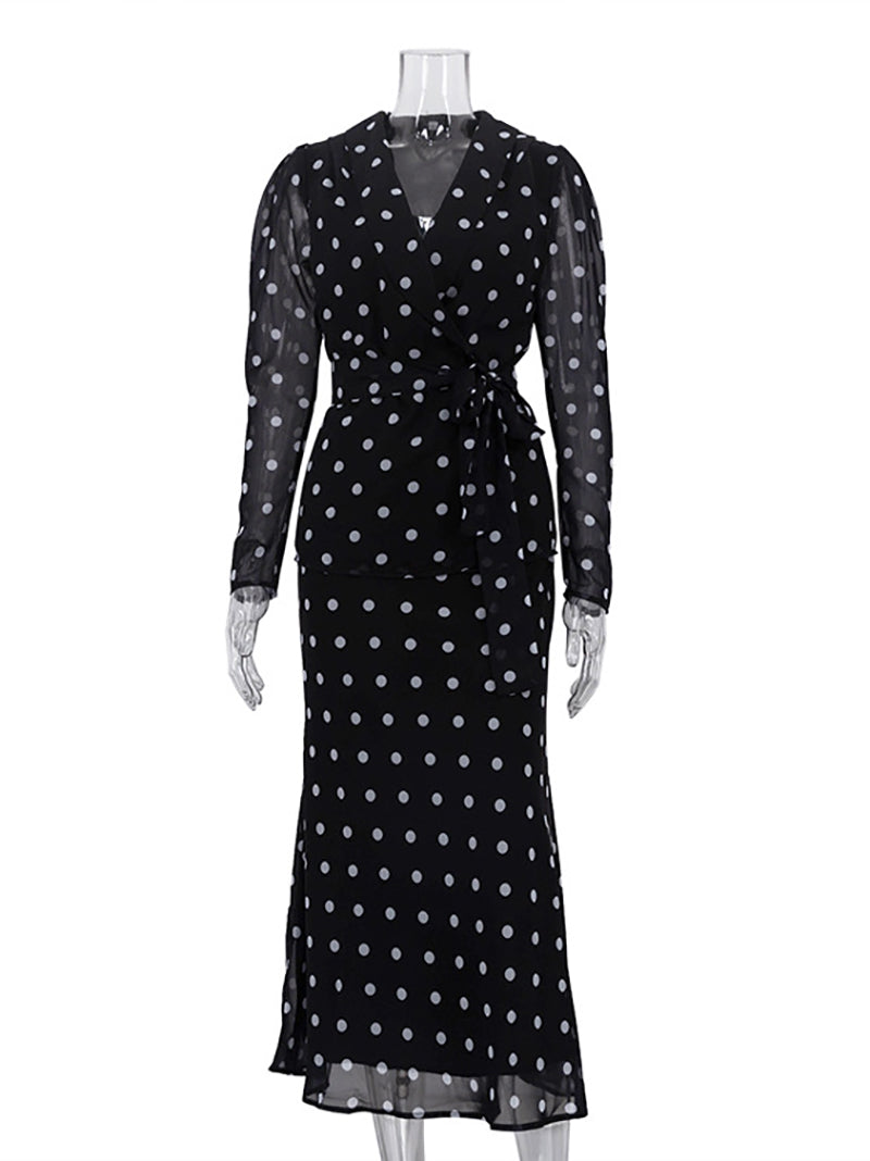 Fashion V Neck Mesh Polka Dot Top Maxi Skirt Set