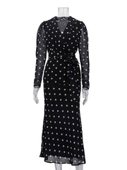 Fashion V Neck Mesh Polka Dot Top Maxi Skirt Set