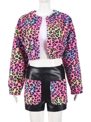 Leopard Fur Jacket And Leather Patchwork Shorts Sets