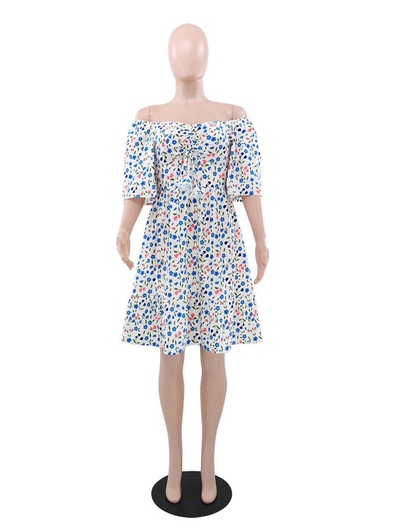 Fashion Print Off Shoulder V-neck Ruched Dress