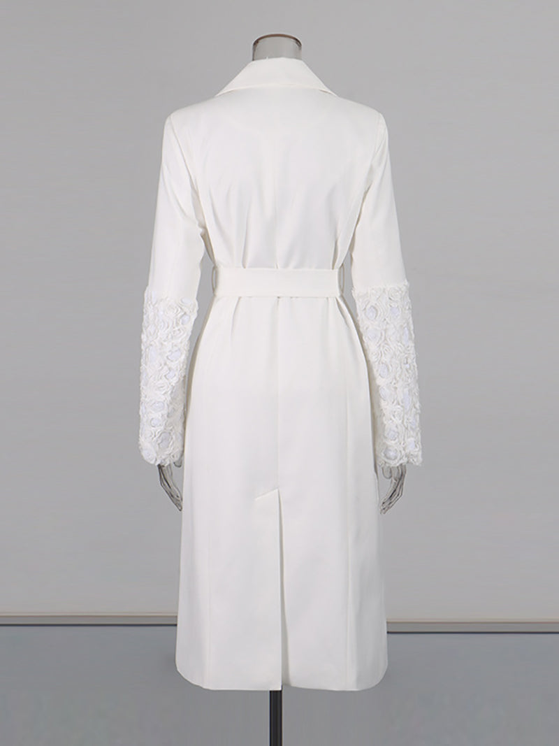 Boutique Cuff Flower Embroider Belt Slim Trench Coat
