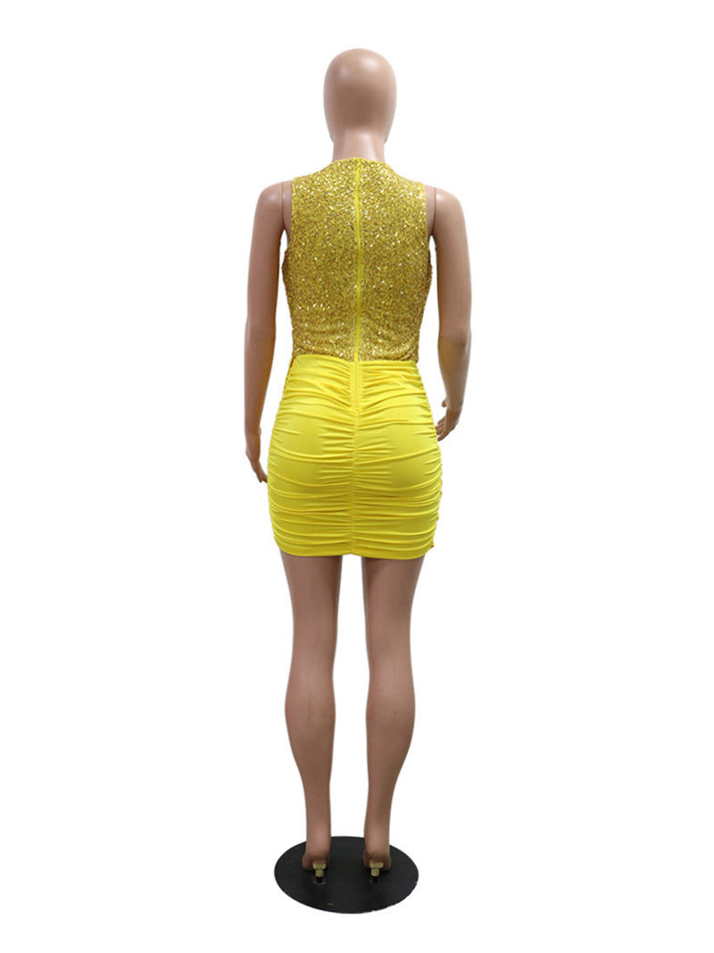 Sequins O-neck Patchwork Irregular Ruched Club Dress