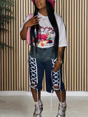 Drawstring Lace-up Washed Denim Shorts