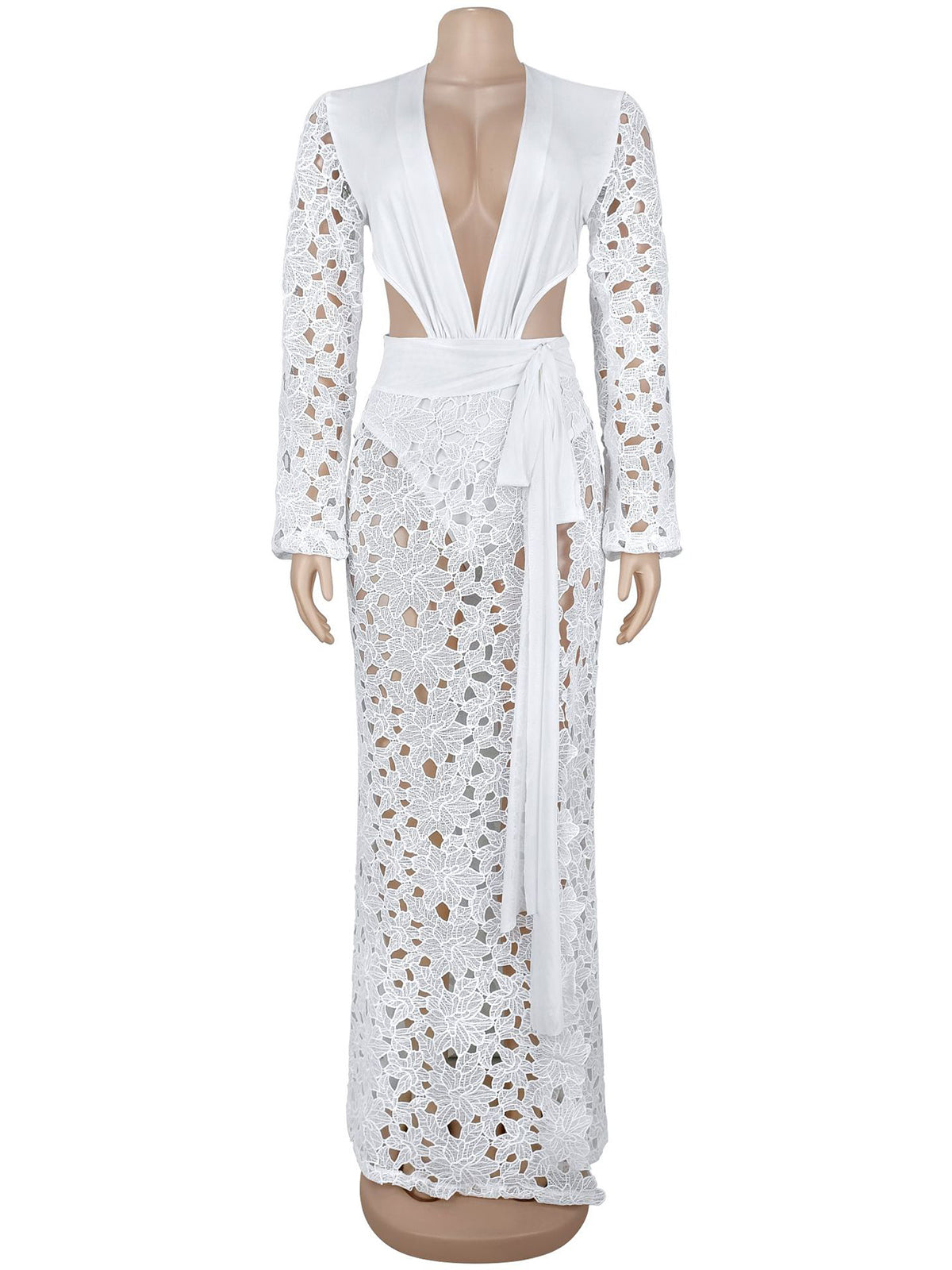 Sexy Lace Patchwork Deep V Cutout High Slit Maxi Dress