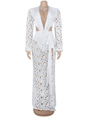 Sexy Lace Patchwork Deep V Cutout High Slit Maxi Dress