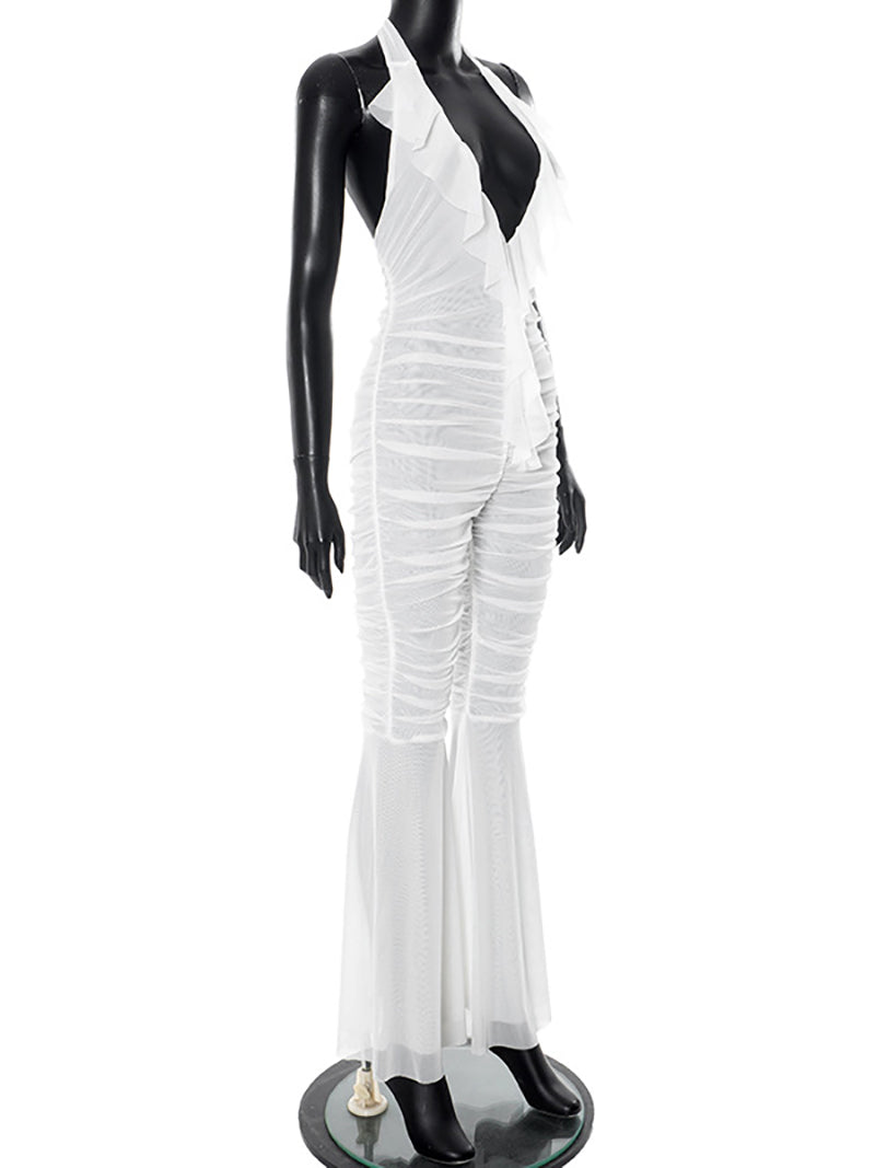 Sexy Deep V Ruffle Sheer Mesh Flare Jumpsuit