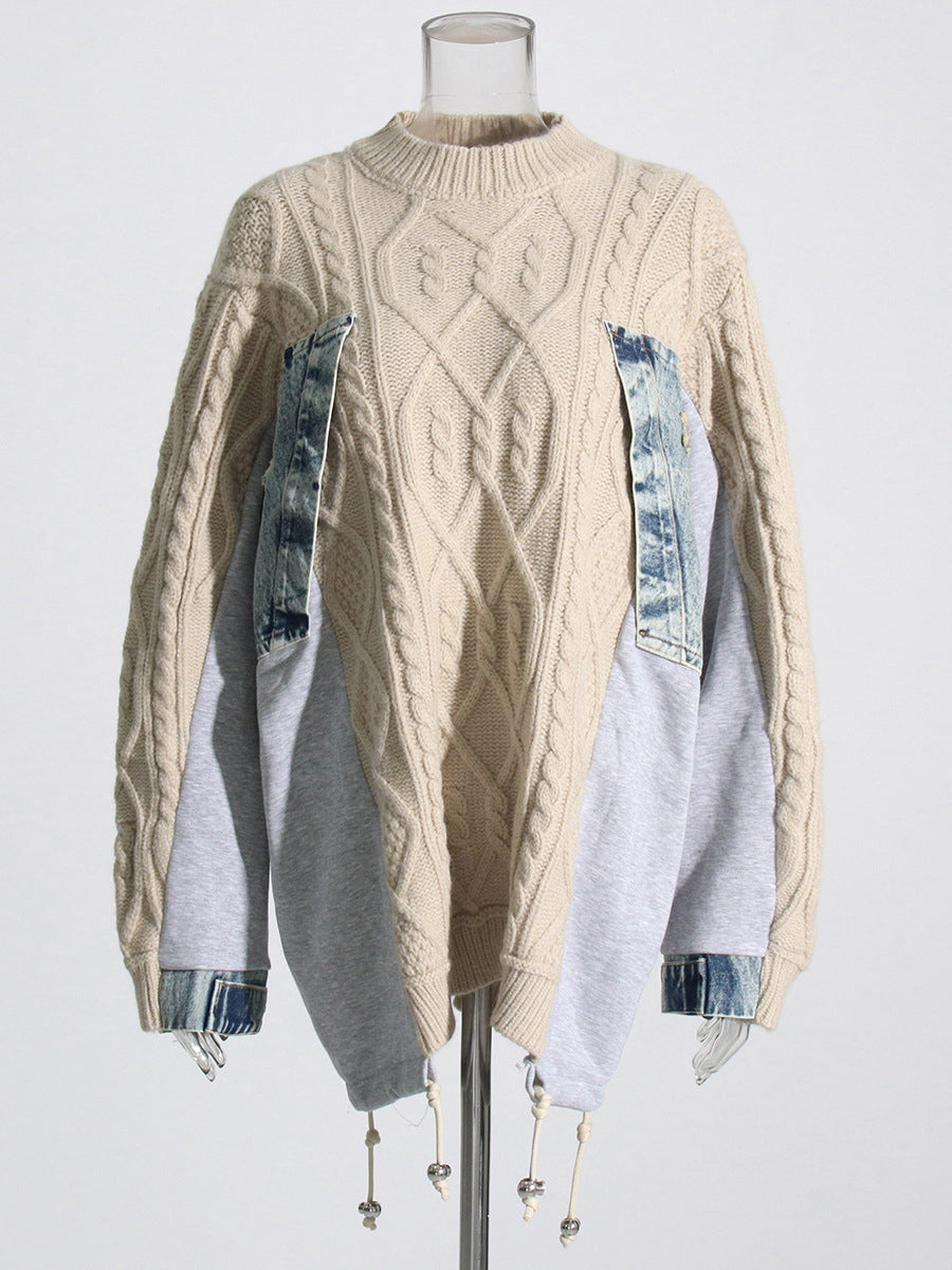 Fashion Round Collar Patchwork Denim Knit Sweater