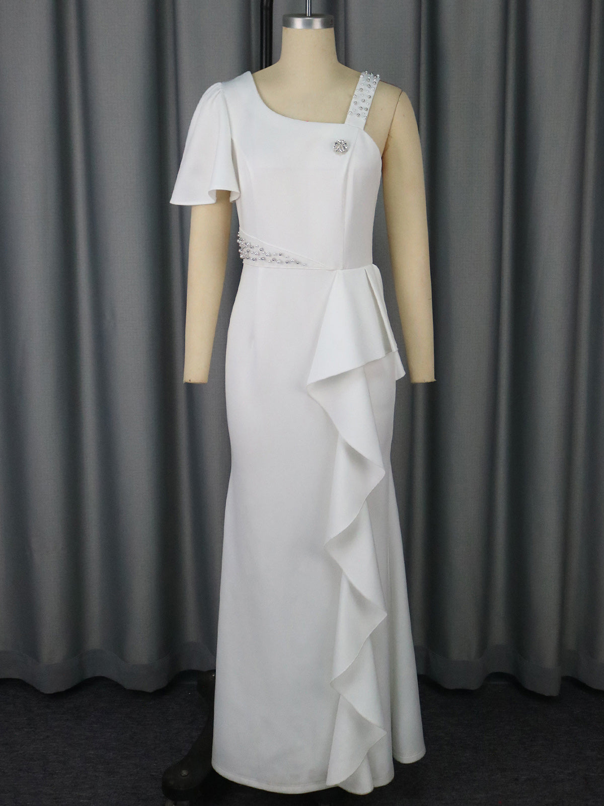 Elegant One-Shoulder Beaded Party Maxi Dress