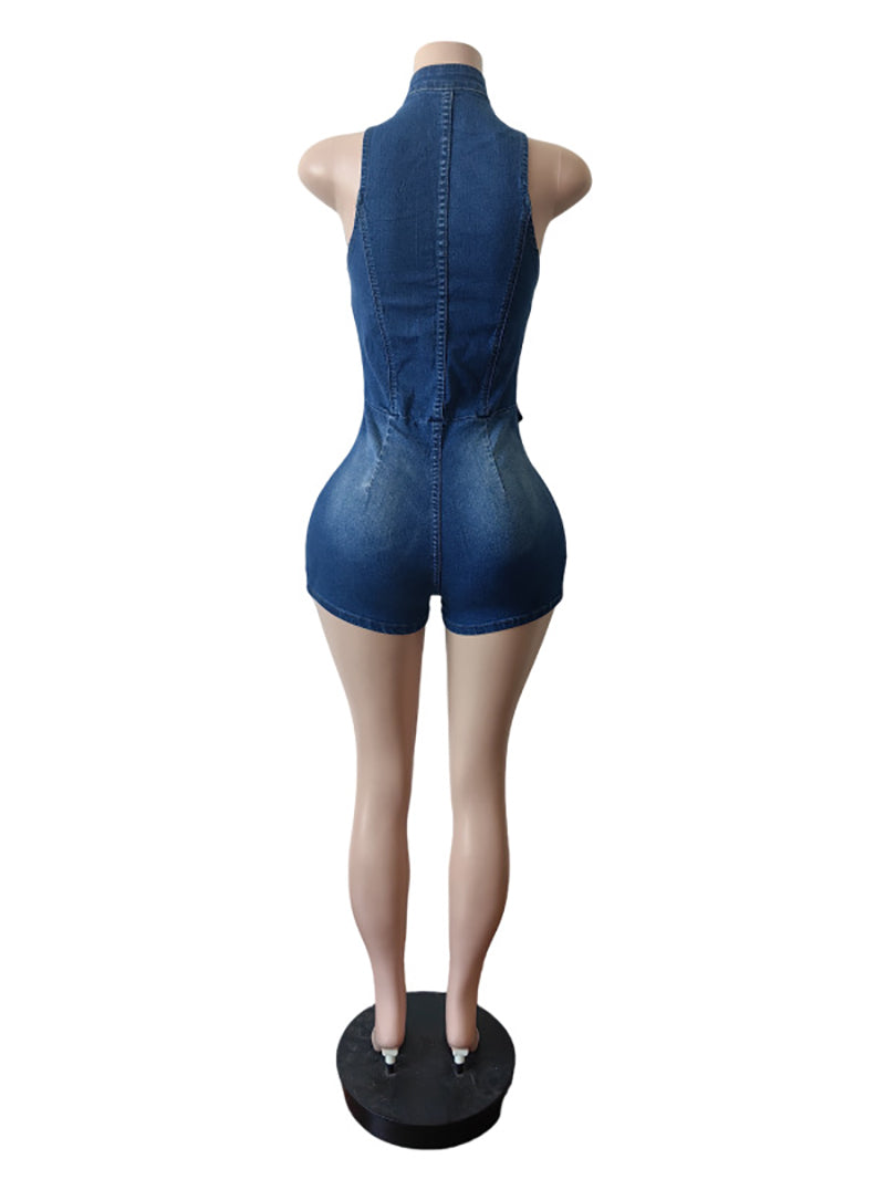 Sexy Sleeveless Elasticity Denim Zipper Vest Romper
