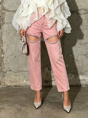 Rhinestone Cutout Wide Leg Jeans