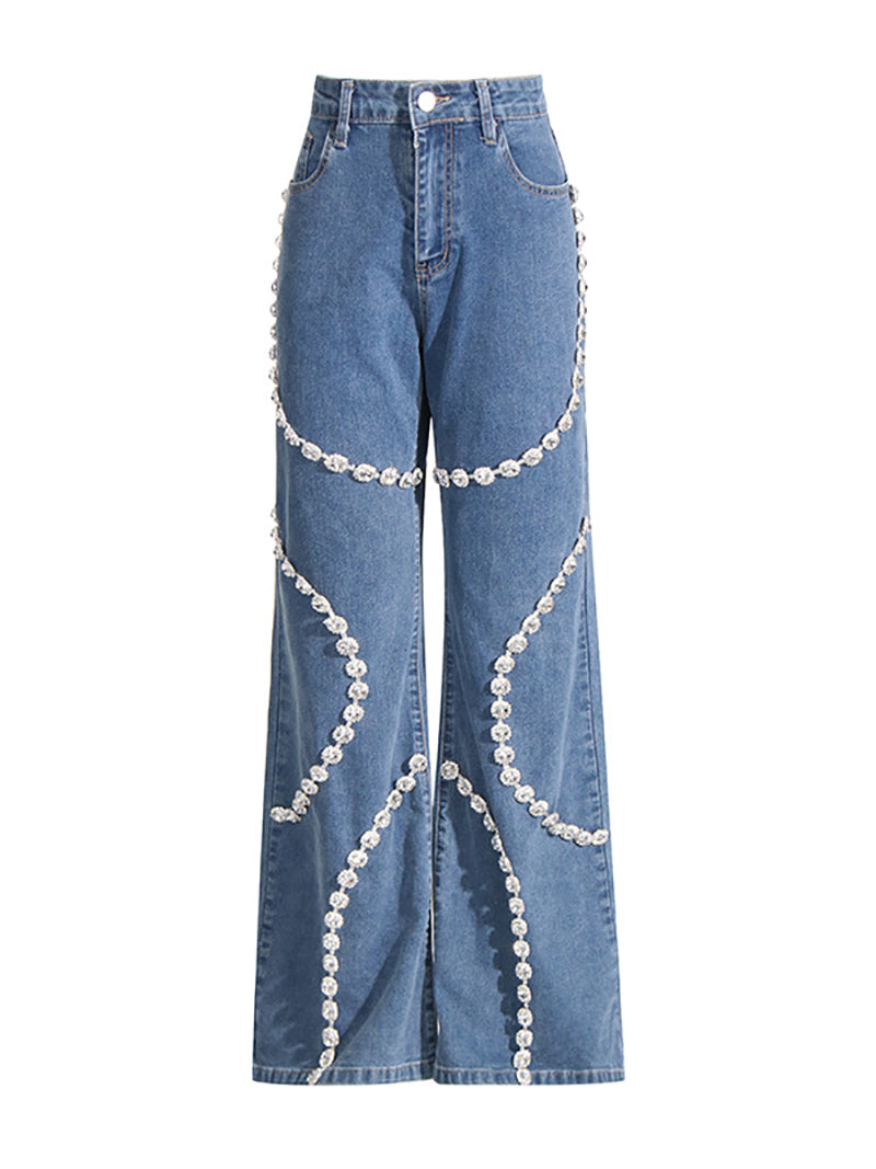 Fashion Mid-Waist Rhinestone Straight Jeans