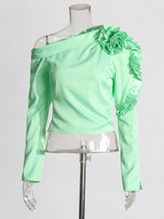 Fashion Ruffle Rosette Applique One Shoulder Shirt