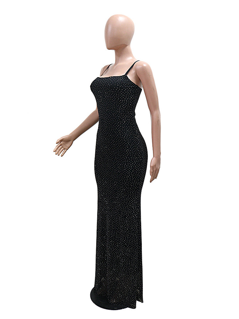 Elegant Mesh Rhinestone Spaghetti Strap Maxi Dress