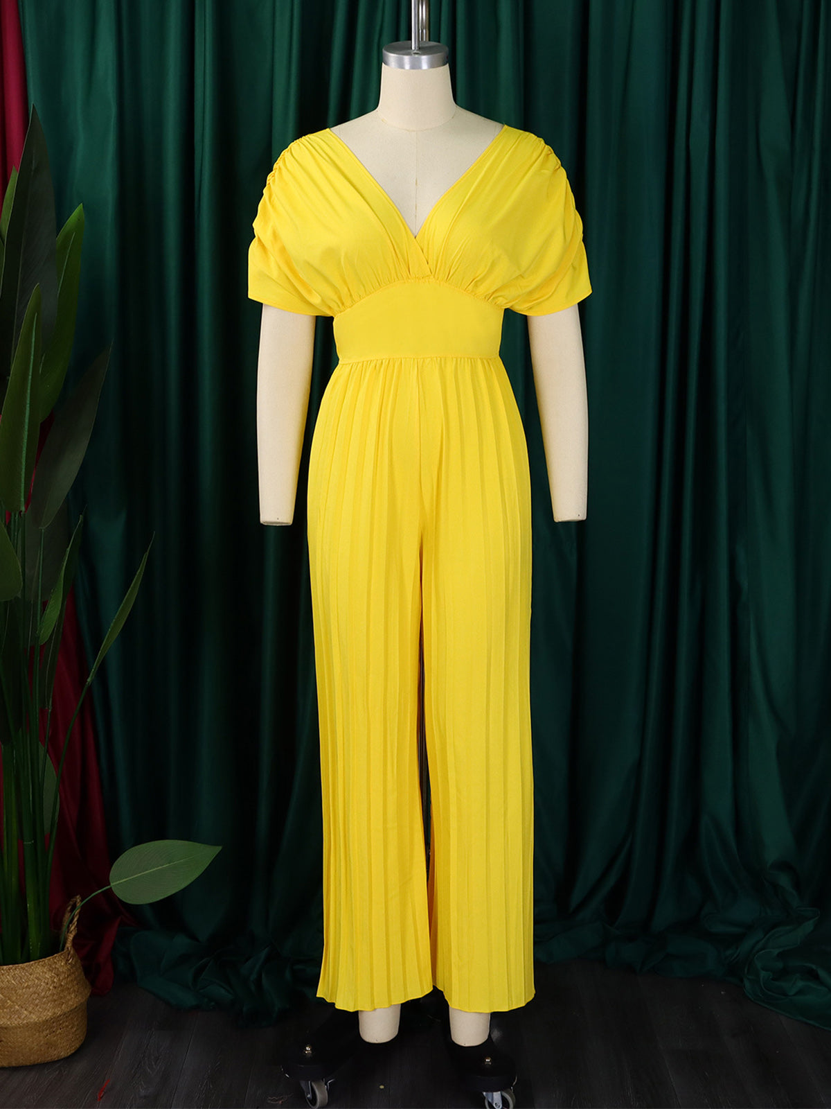 Elegant V-Neck Pleated Wide Leg Jumpsuit
