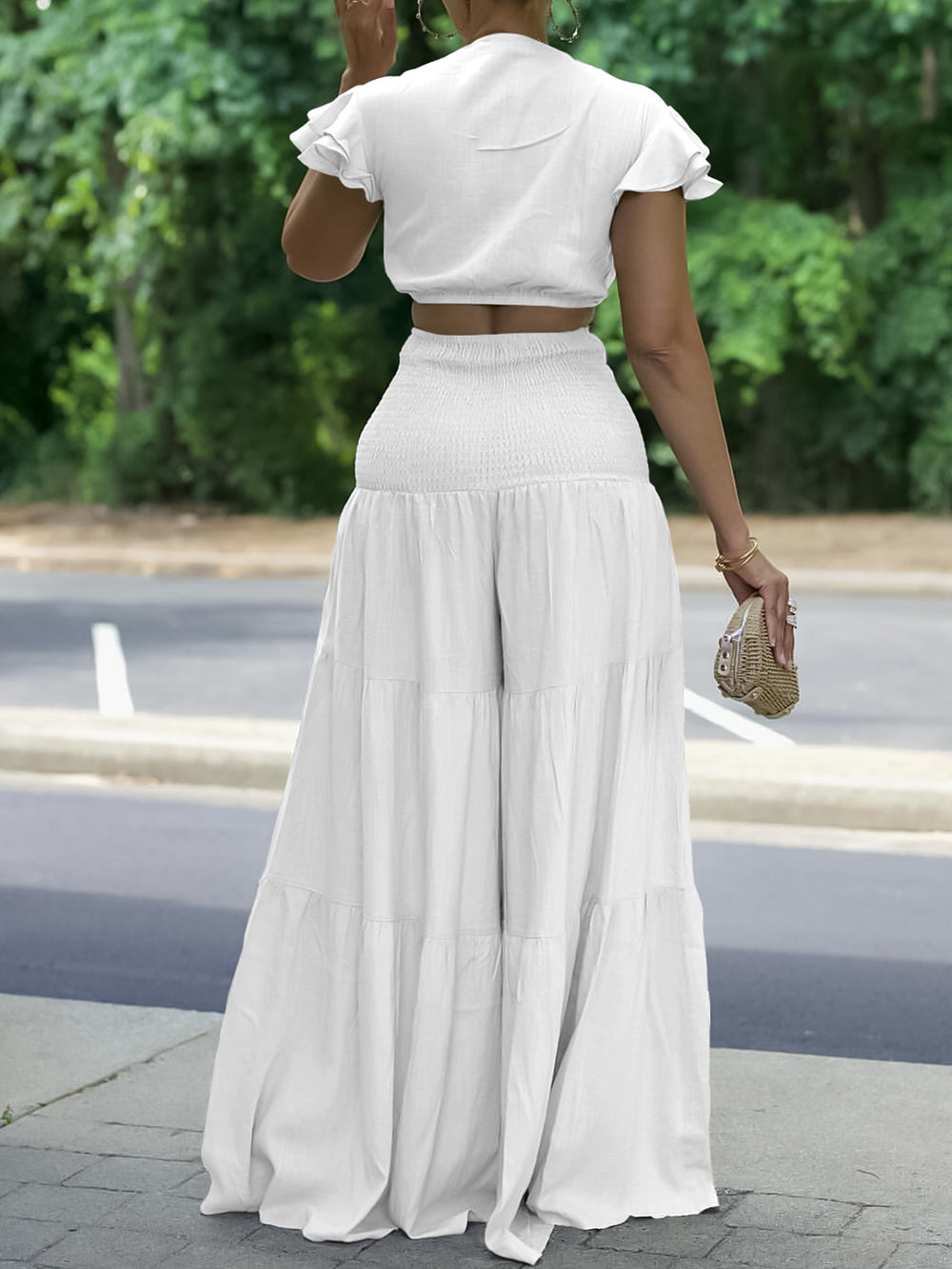 Short Sleeve Tied Top Wide Leg Pants Two Piece Set