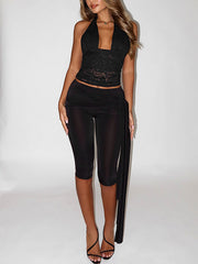 Sexy Lace Halter Crop Top Capri Pants Two Piece Set