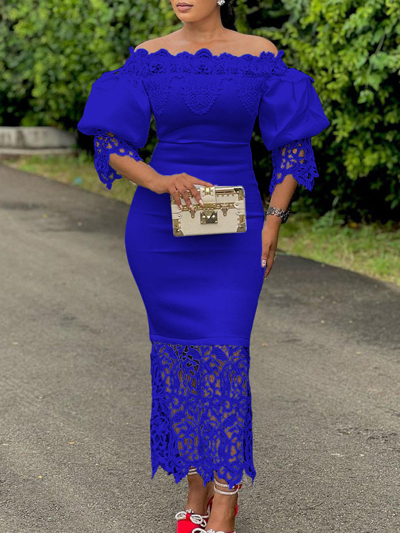 Elegant Off Shoulder Puff Sleeve Patchwork Lace Dress