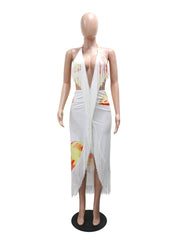Halter Fringe Asymmetric Print Dress