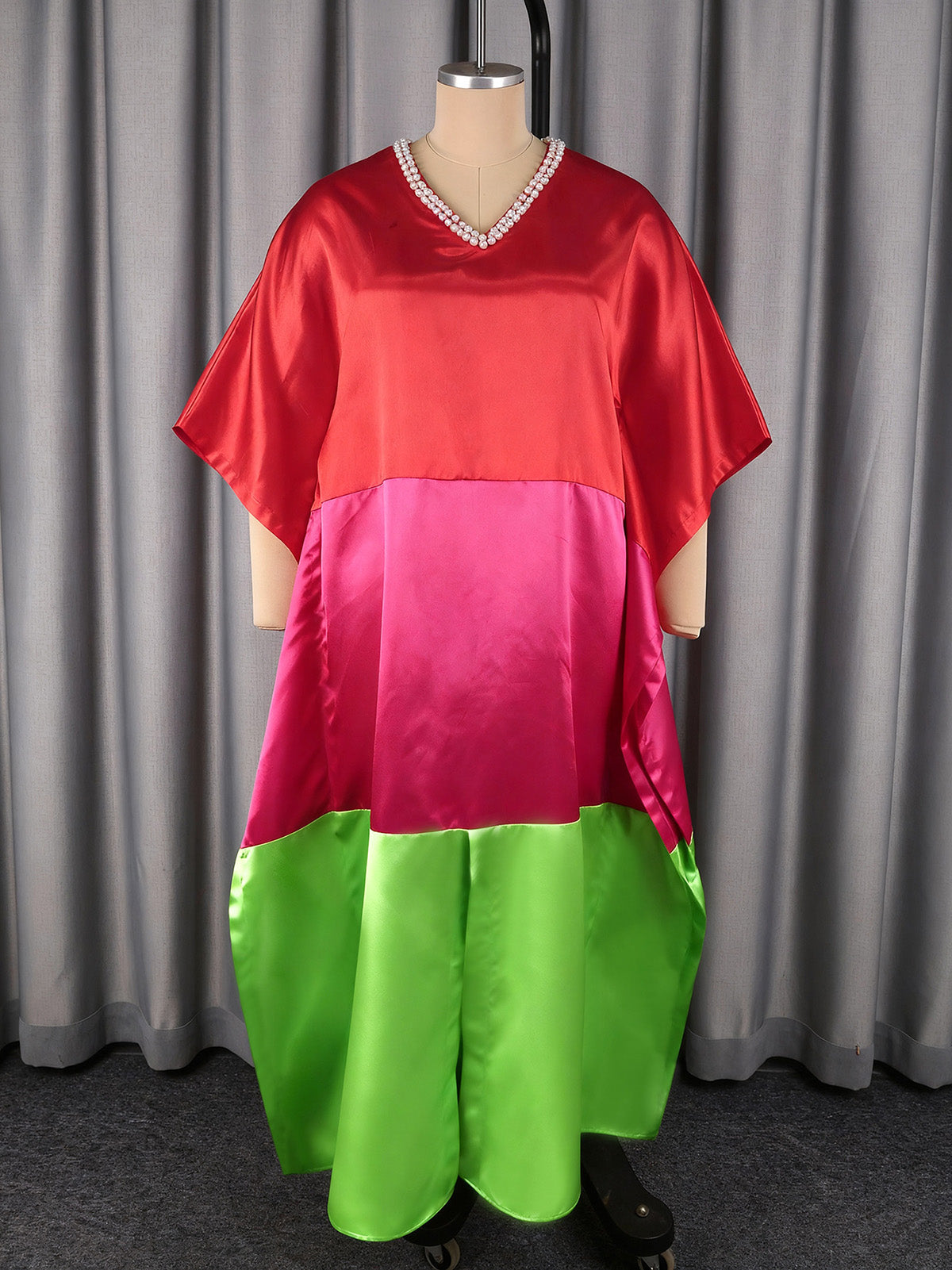 Fashion V Neck Bat Sleeve Contrast Color Satin Maxi Dress