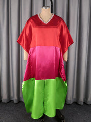 Fashion V Neck Bat Sleeve Contrast Color Satin Maxi Dress