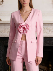 Elegant V Neck Flower Applique Blazer