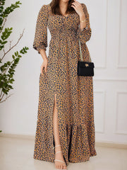 Elegant Leopard Print V Neck Split Maxi Dress