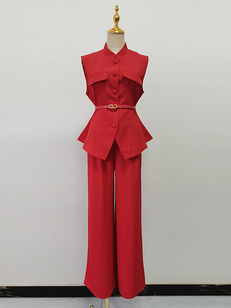 Fashion Sleeveless Single-breasted Top and Trouser Set