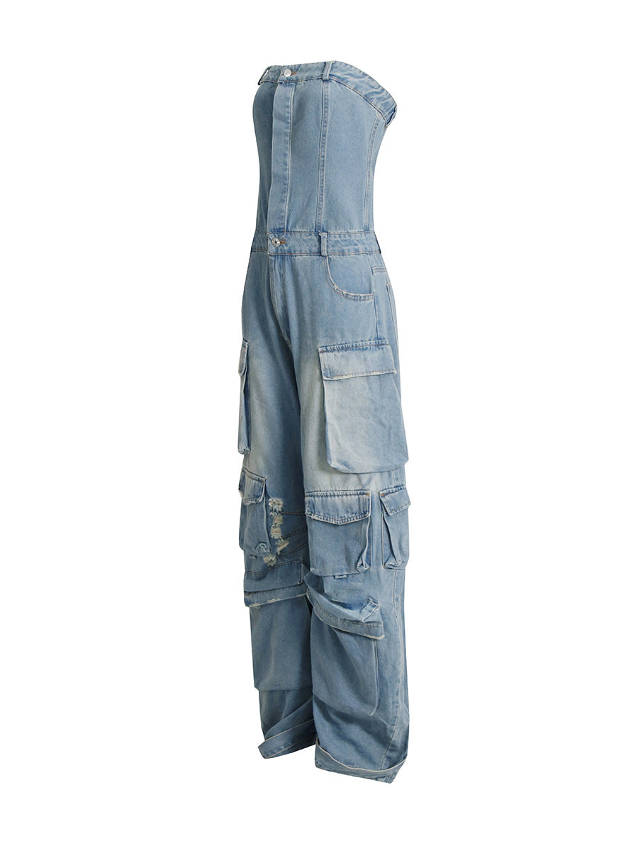 Off The Shoulder Denim Overalls Punk Pockets Jumpsuit