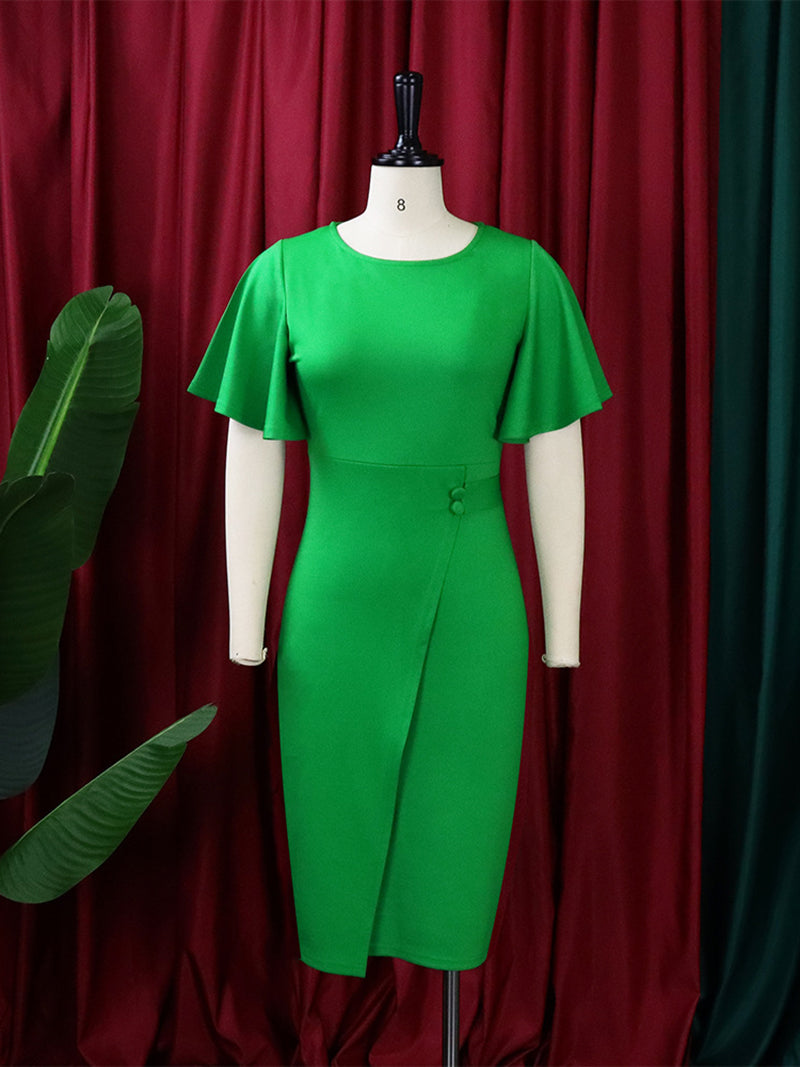 Elegant Round Neck Ruffled Sleeve Bodycon Pencil Dress