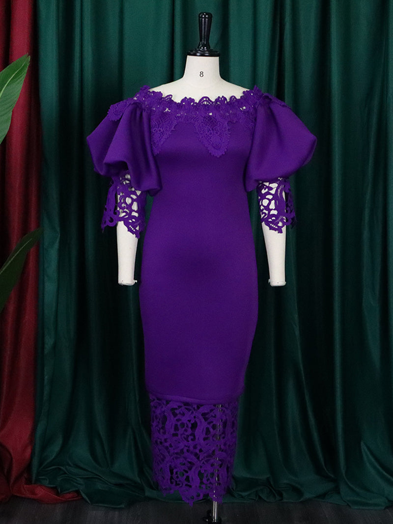 Elegant Off Shoulder Puff Sleeve Patchwork Lace Dress