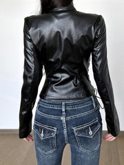 Lace Up Leather Look Zip Biker Jacket