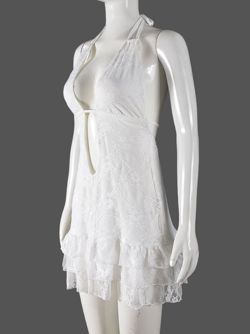 Sexy Lace Hollow Out Ruffle Halter Mini Dress