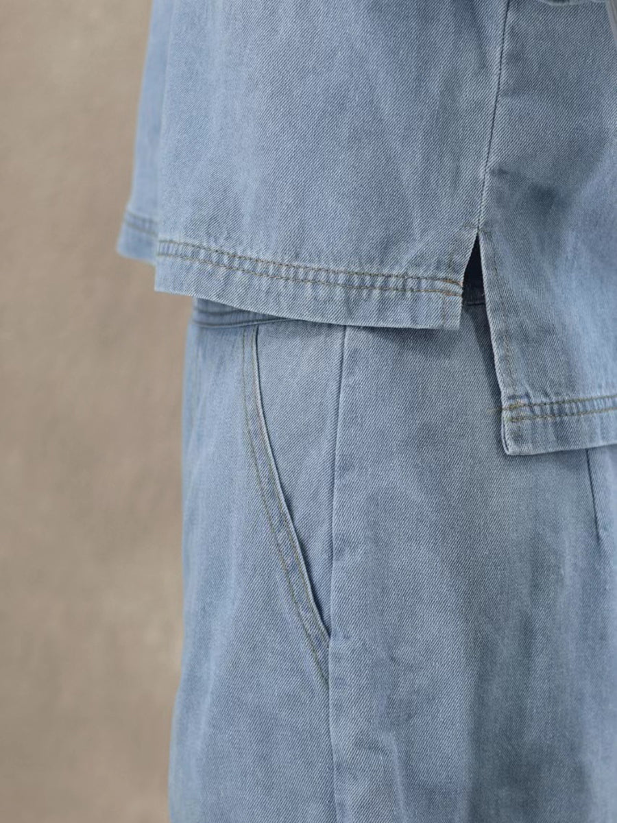 Sexy V-neck Loose Top Irregular Skirt Denim Set