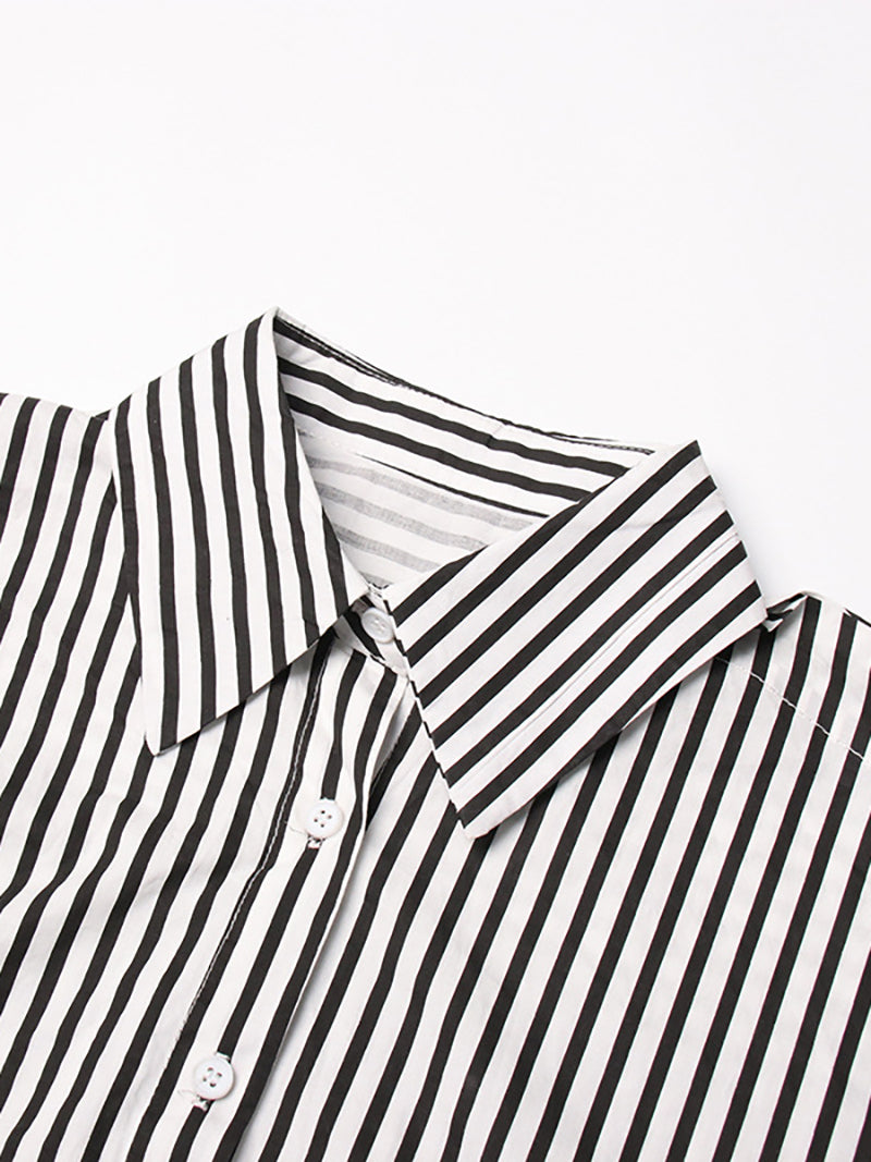 Lapel Off Shoulder Stripe Top And Straight Trousers Set
