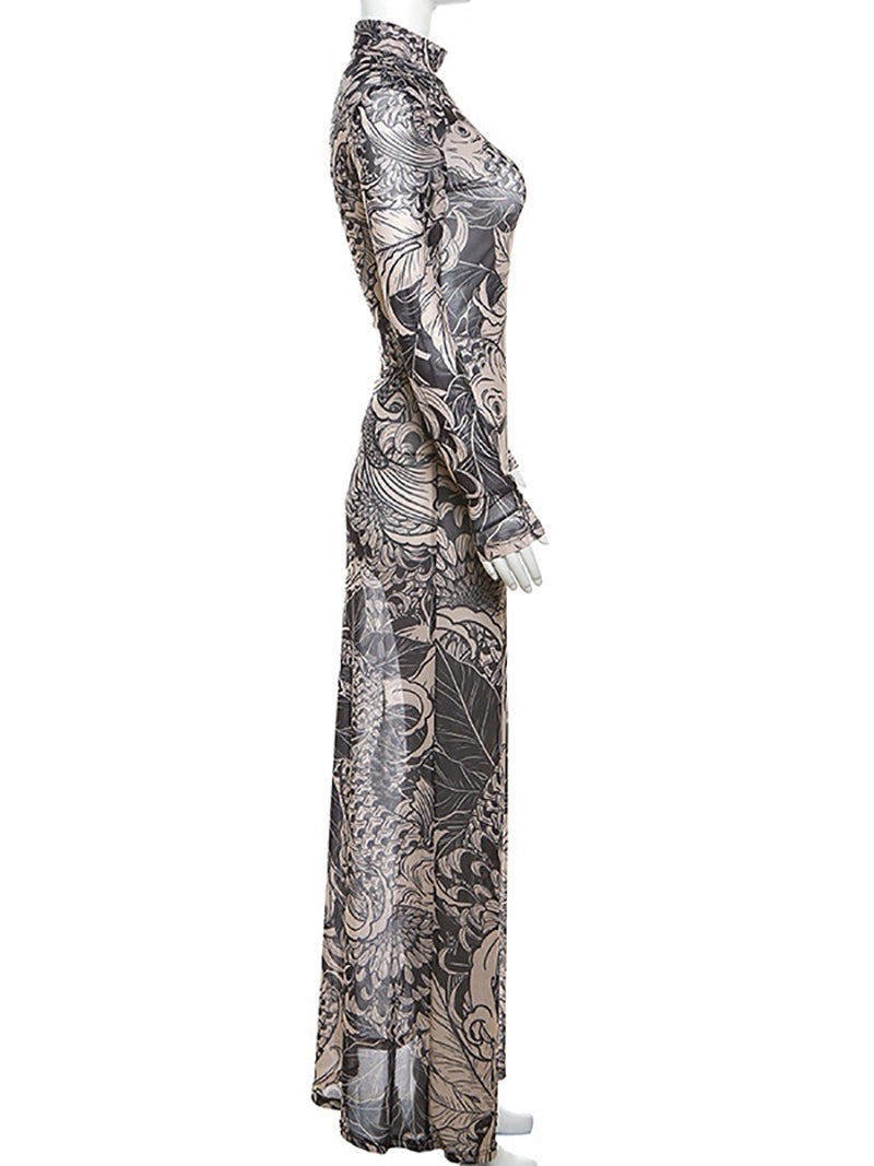 Turtleneck Tattoo Print Maxi Bodycon Dress