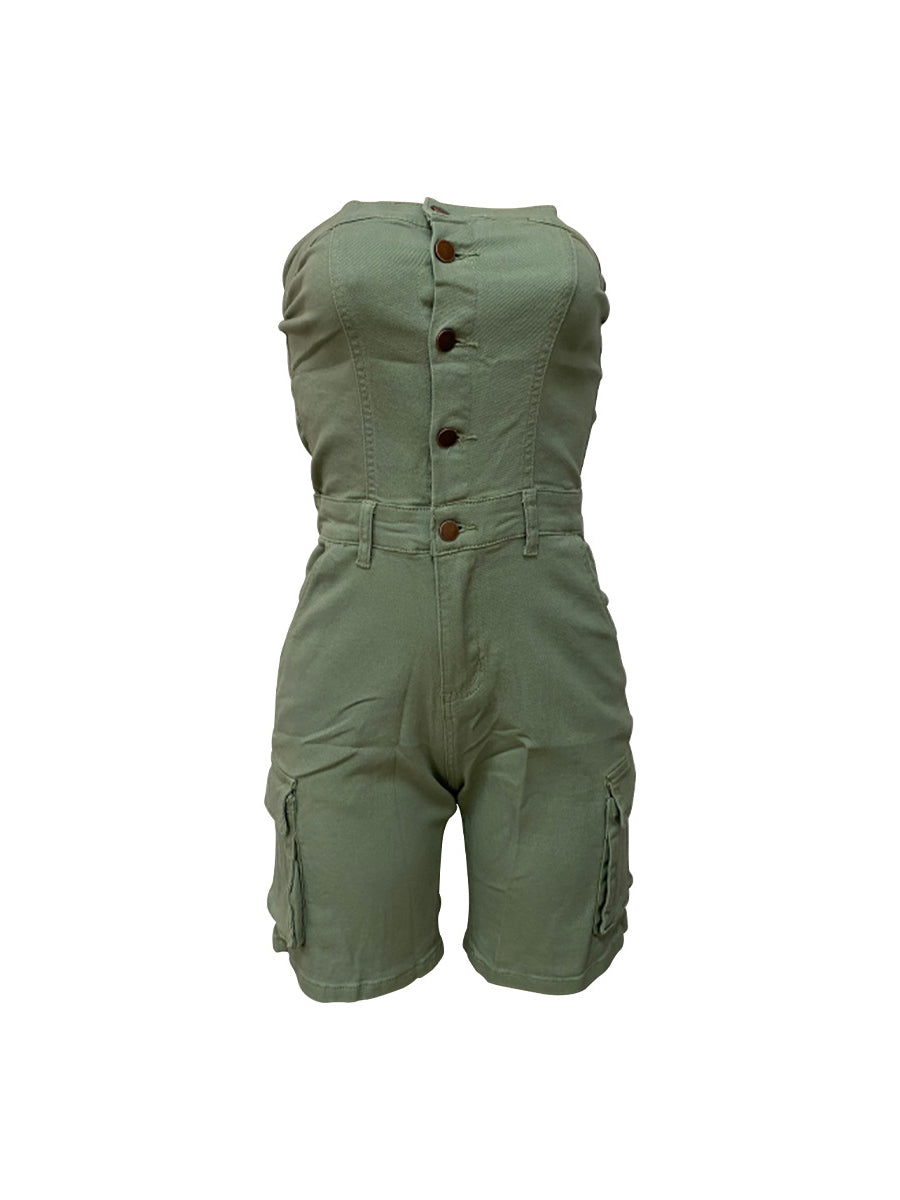 Sexy Strapless Denim Cargo Romper
