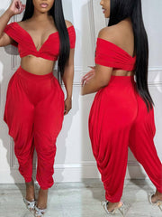 Off Shoulder Deep V Loose Trousers Set