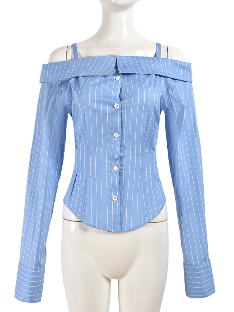 Striped Off Shoulder Spaghetti-Strap Down Shirt