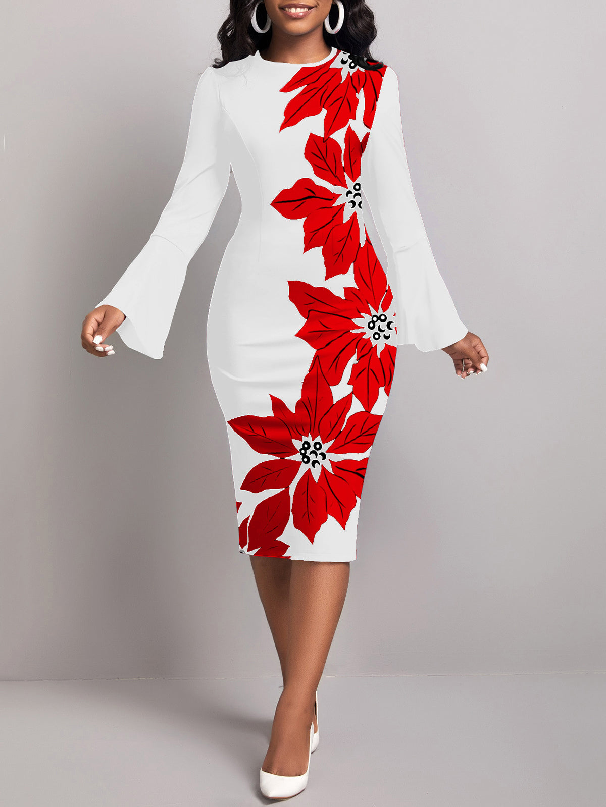 Elegant Crew Neck Floral Print Flare Sleeve Midi Dress