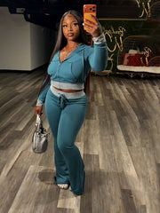 Contrast Waist Hoodie and Flare Pants Set