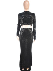 Sequin Crop Top And Maxi Skirt Nightclub Set