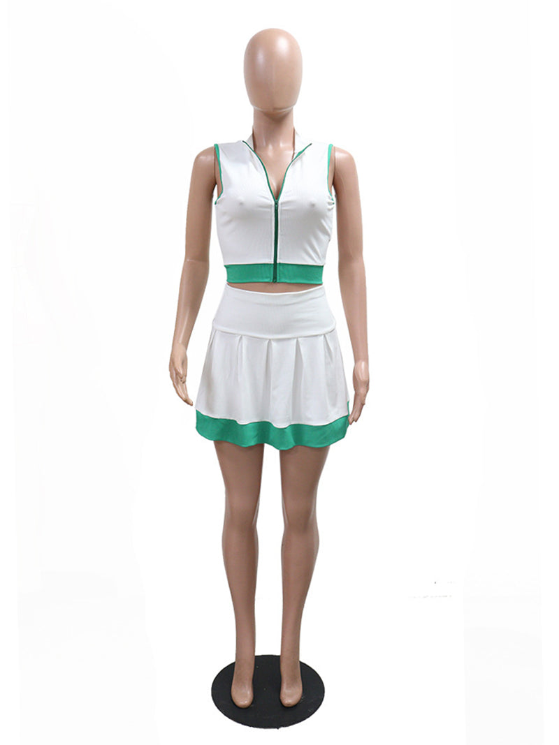 Casual Sleeveless Crop Top And Skirt Sports Two Piece Set