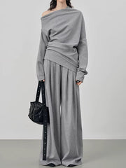 Fashion Off Shoulder Shirt Ruched Wide Leg Trousers Set
