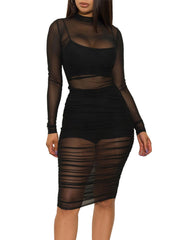Sexy Sheer Mesh Ruched Bodycon Dress 3 Piece Sets