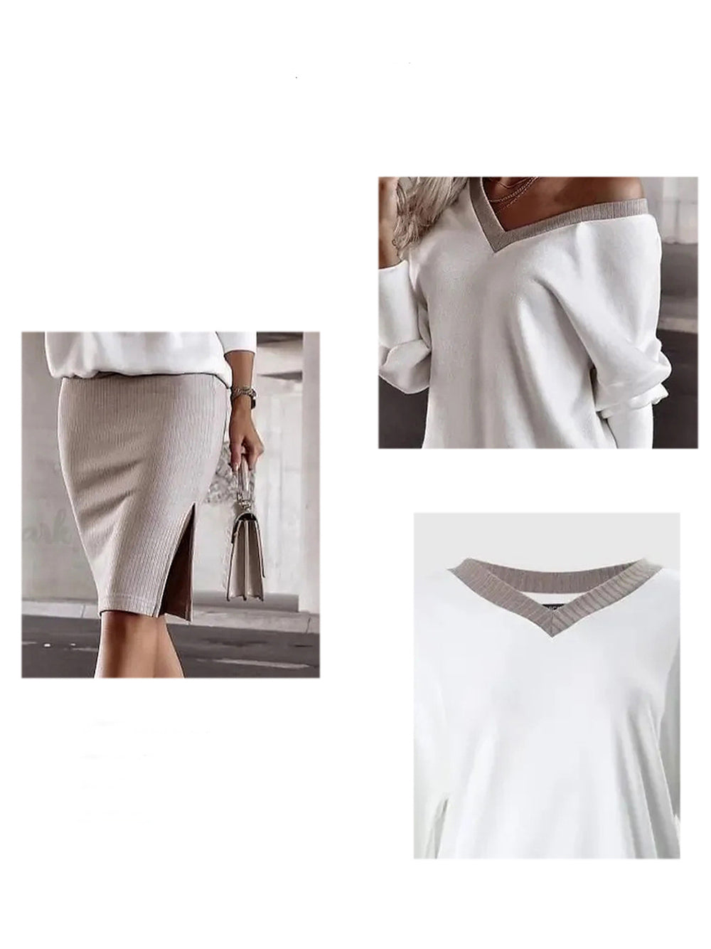 Fashion V-Neck Top and High Waist Knee Length Skirt Set