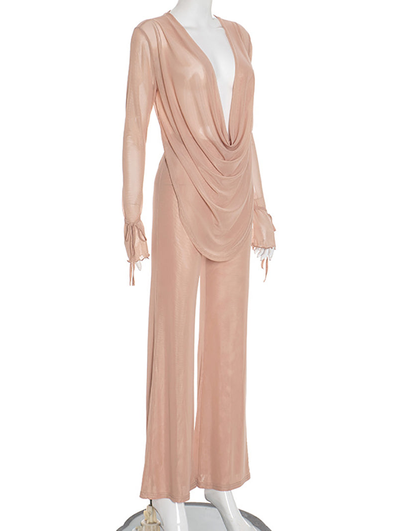 Fashion Cowl Neck Mesh Sheer Top And Pant Sets