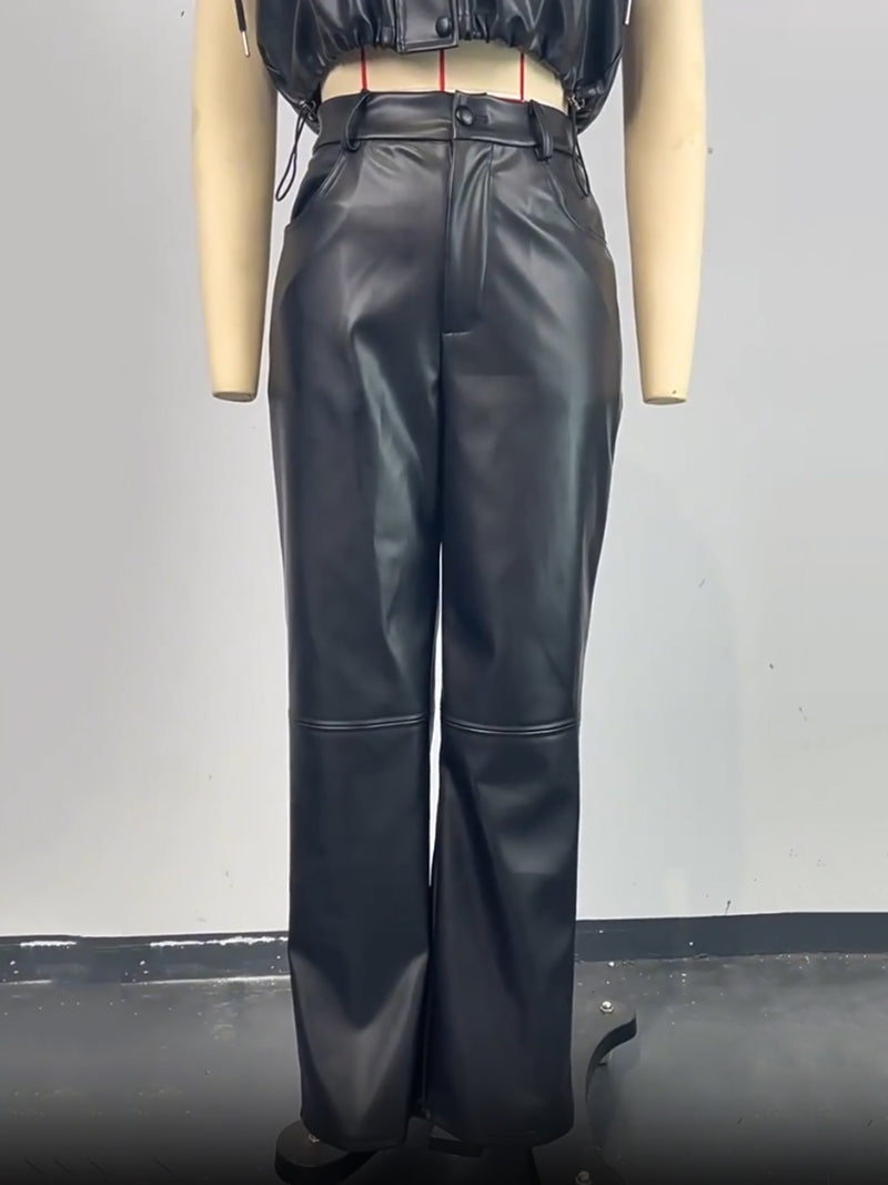 Solid PU Leather Straight Leg Black Pants