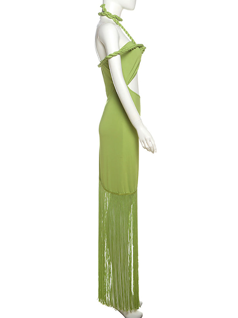 Sexy Fringe Trim Hollow Out Twist tie Halter Maxi Dress